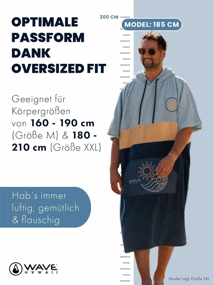 WAVE HAWAII Barravento Surfponcho für Körpergrössen 160-190 cm Poncho 100% ÖKO Baumwolle Velours Umk