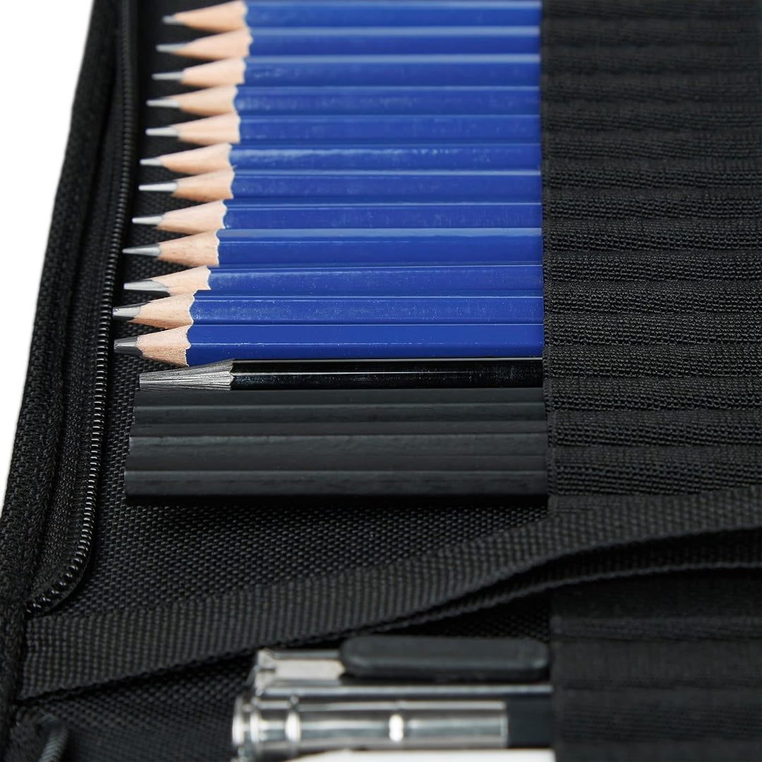 Relaxdays Zeichenset Bleistift 33-teilig, 12 Härtegrade, Kohlestifte, Graphitstifte, Radiergummis, S