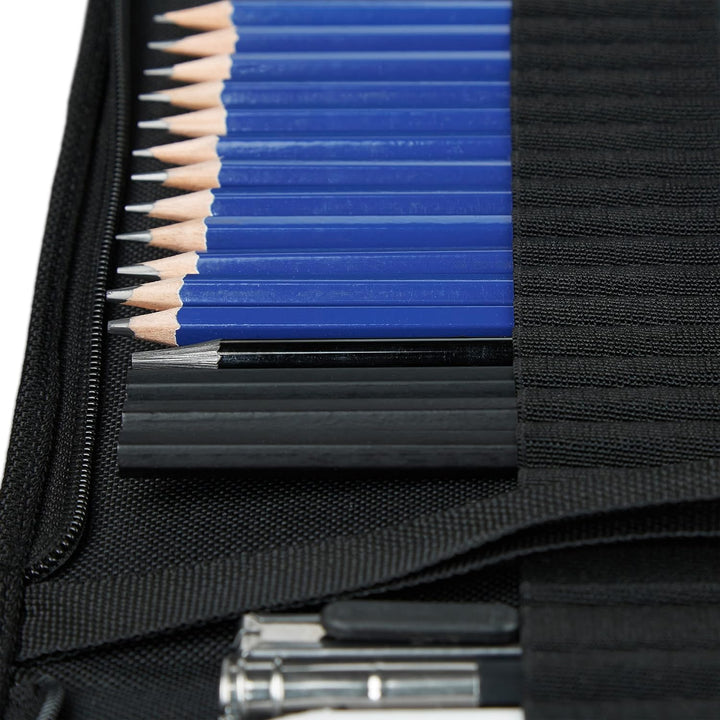 Relaxdays Zeichenset Bleistift 33-teilig, 12 Härtegrade, Kohlestifte, Graphitstifte, Radiergummis, S