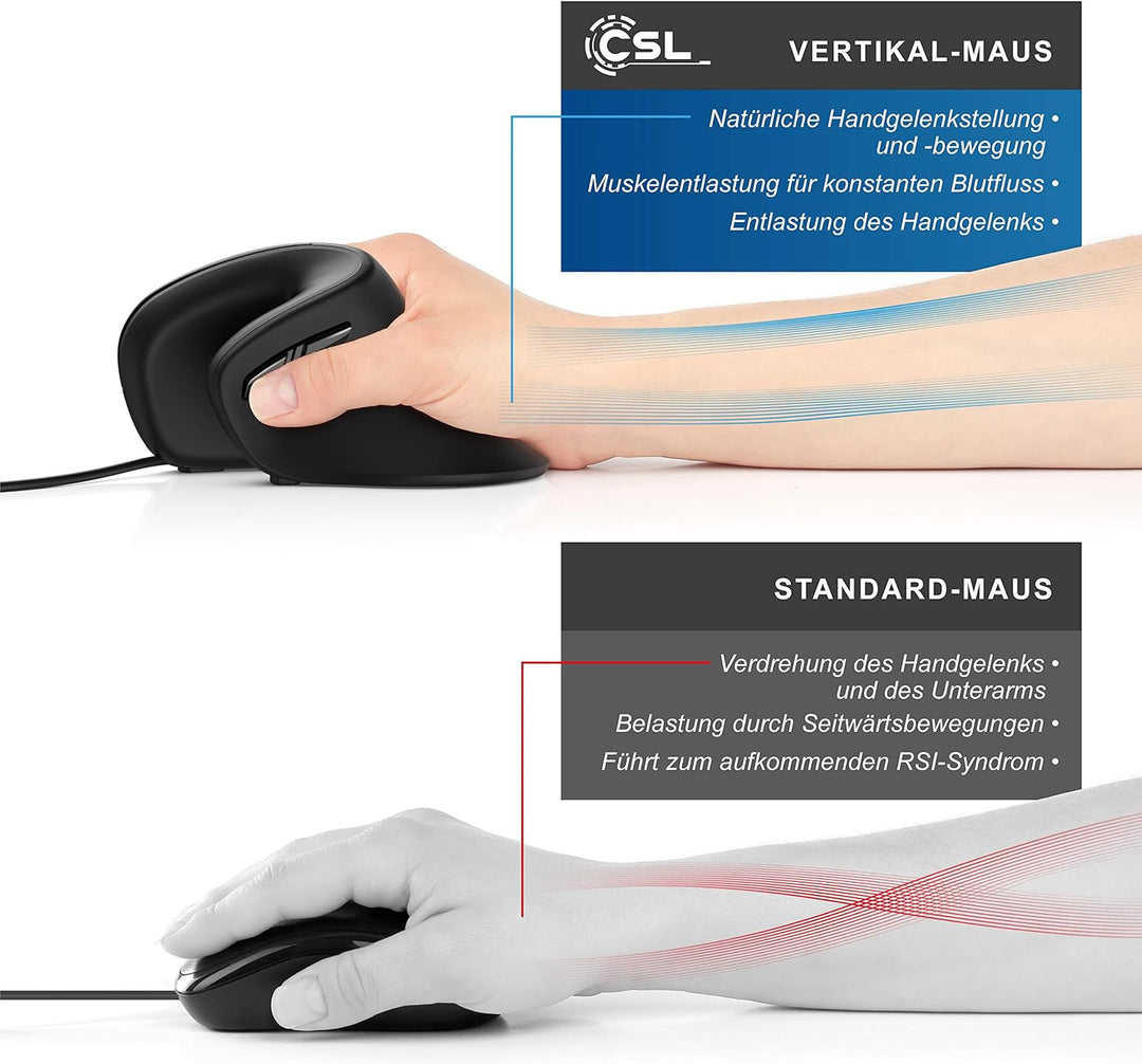 CSL - optische Maus - Mouse Vertikale Ausführung - Computermaus USB kabelgebunden - 800-3200 DPI - V