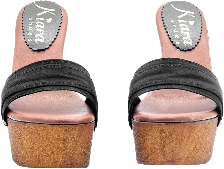 Kiara Shoes 13 cm hohe Damen Clogs mit Schwarz Band - KZ3101 Nero (40 EU, SCHWARZ) 40 EU Schwarz, 40