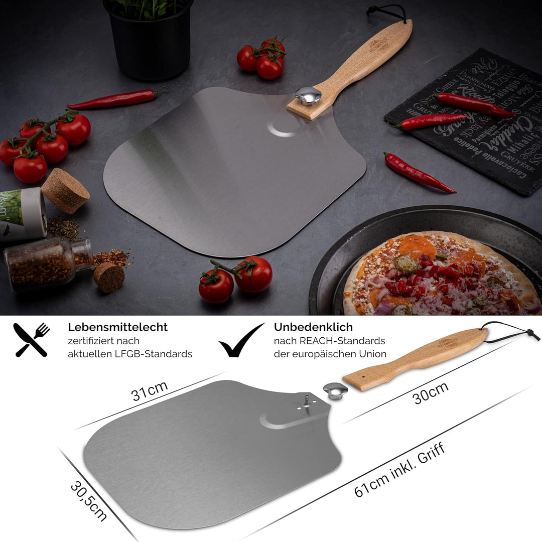 Pizza-Schieber Edelstahl, Pizzaheber rechteckig 35,5 x 30,5 cm, Pizzaschaufel Holz-Schaft, Pizzawend