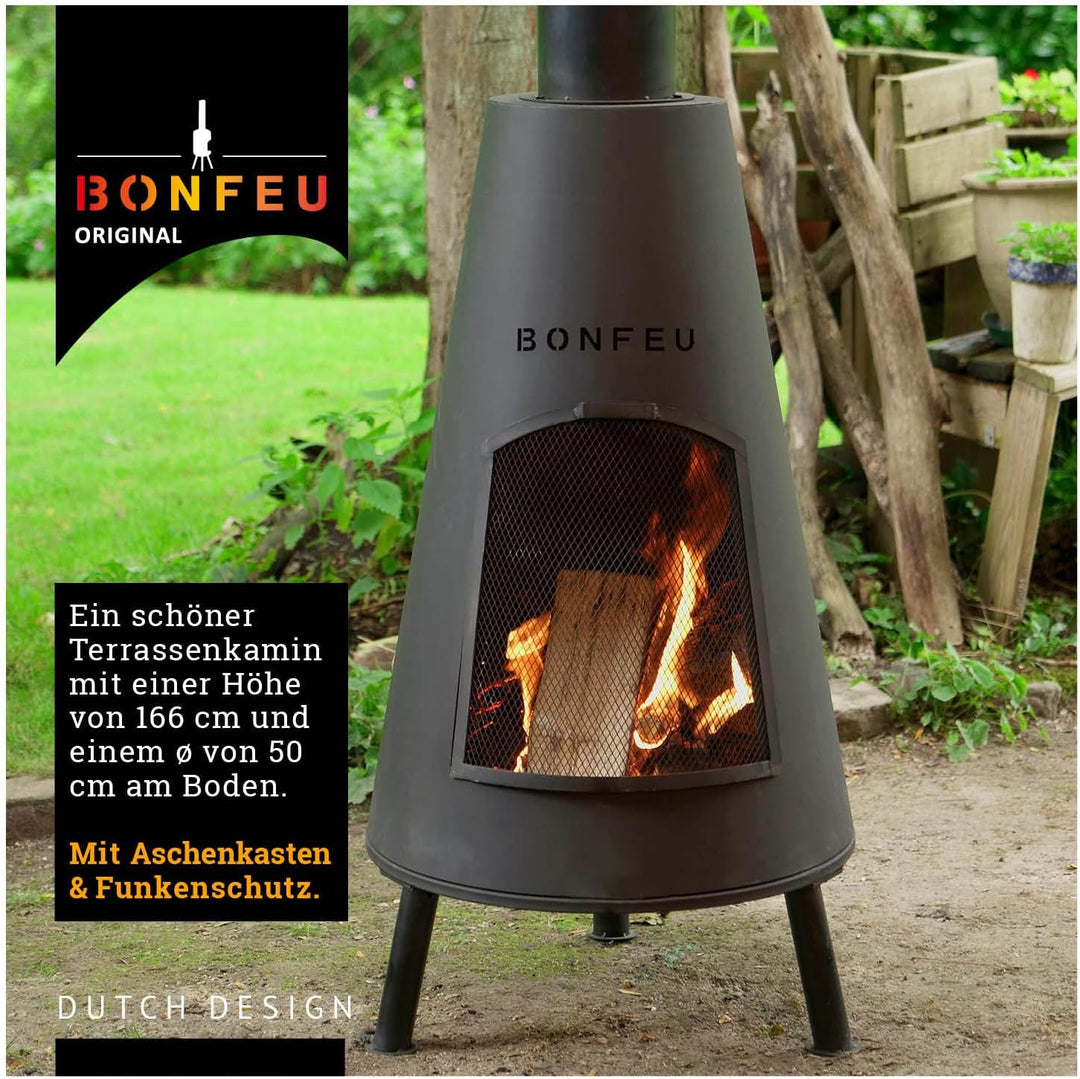 BonFeu BonPyra Schwarz - Terrassenofen - Feuerstelle mit Funkenschutz für entspannte Abende - Feuers