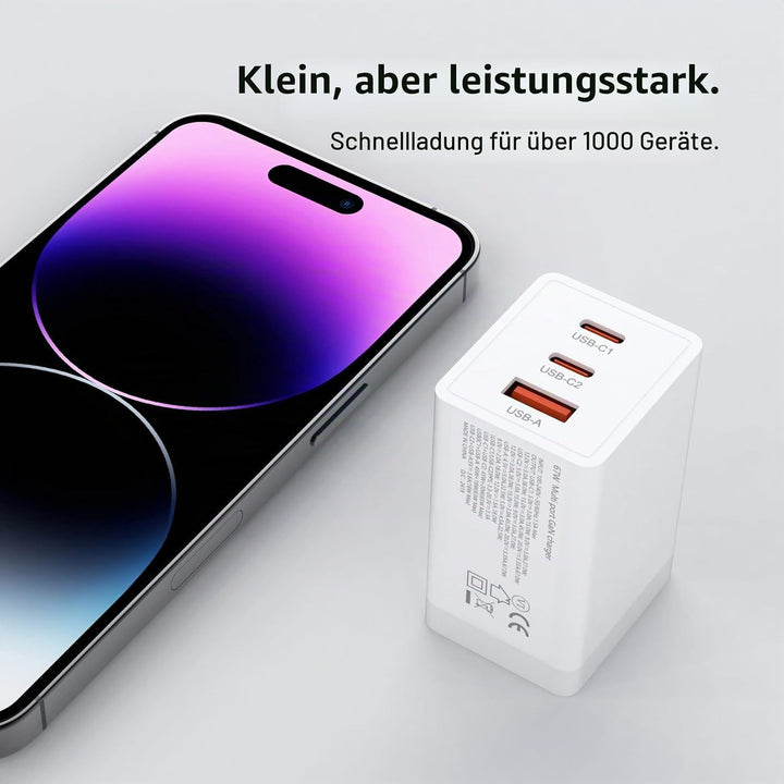Boaraino 65W USB C Wand-Ladegerät, 3 Port GaN PD USB C/QC 3.0 Schnell-Ladegerät, Tragbarer Reise-Str
