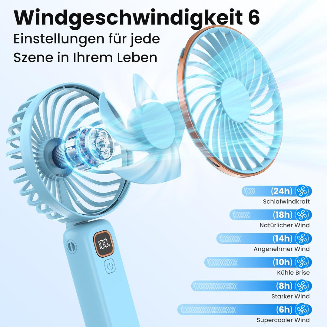 Handventilator, Mini Tragbarer Ventilator mit LCD Display &amp; 6 Stufen, Leiser USB Ventilator mit 4000