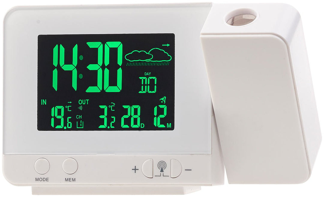 infactory Uhr mit Projektion: Funk-Wetterstation mit Projektions-Wecker, Aussensensor und USB, weiss