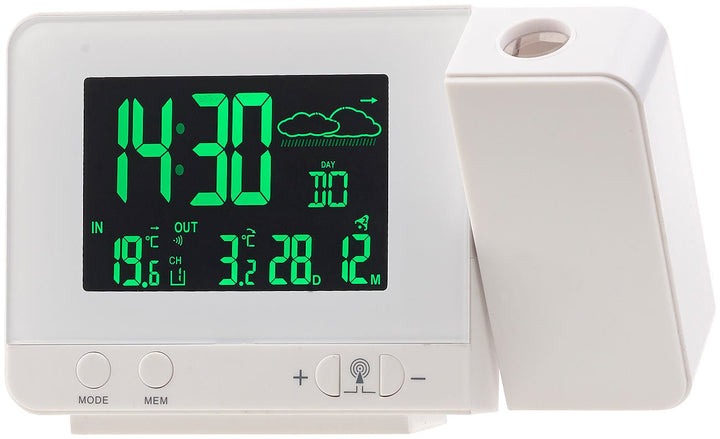 infactory Uhr mit Projektion: Funk-Wetterstation mit Projektions-Wecker, Aussensensor und USB, weiss