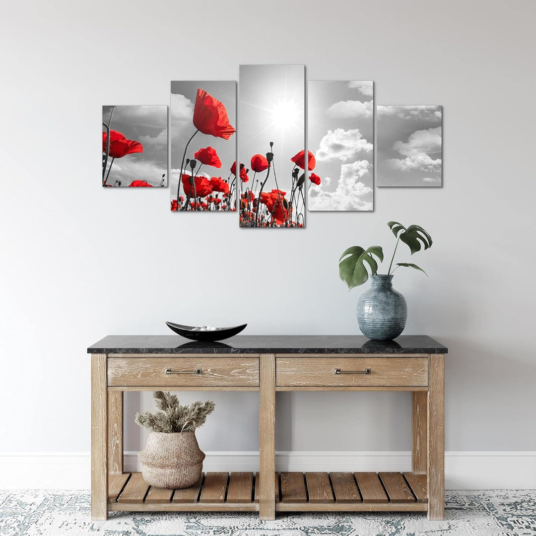 Runa Art Wandbilder Blumen Mohnblume 5 Teilig Bild auf Vlies Leinwand Deko Wohnzimmer Feld Grau Rot