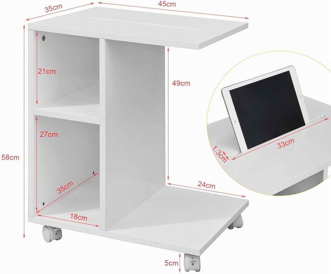 SoBuy® FBT48-W Beistelltisch mit Schlitz für iPad, Zeitungsständer Couchtisch Tisch mit Rollen weiss