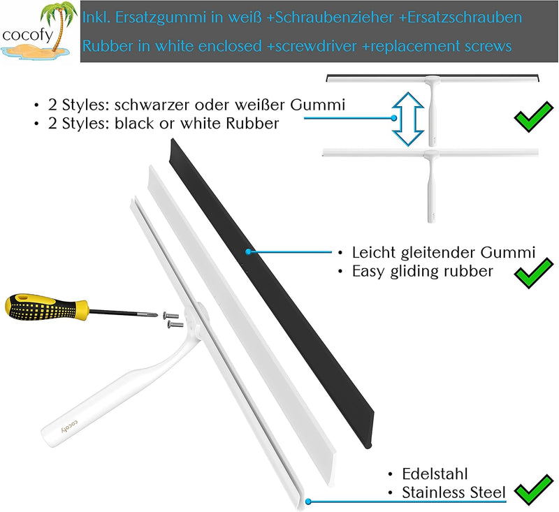 cocofy Duschabzieher schwarz matt breit XXL 45 cm ohne Bohren für Dusche, Fliesen mit Haken, Ersatzg