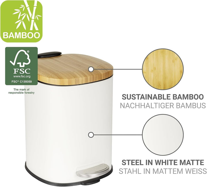 WENKO Kosmetikeimer Mod. Fianema Treteimer 3L weiss mit Bambusdeckel Easy-Close Absenkautomatik Meta
