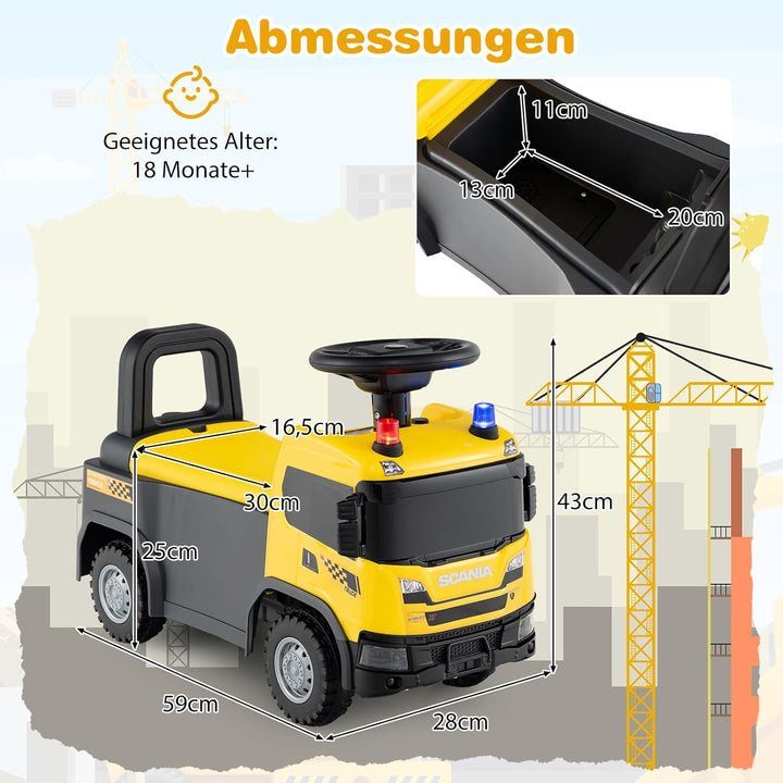 GOPLUS Kinder Rutschauto, 2 in 1 Schiebeauto, Bauwagen mit Lichtern, Geräuschen & Stauraum unter dem