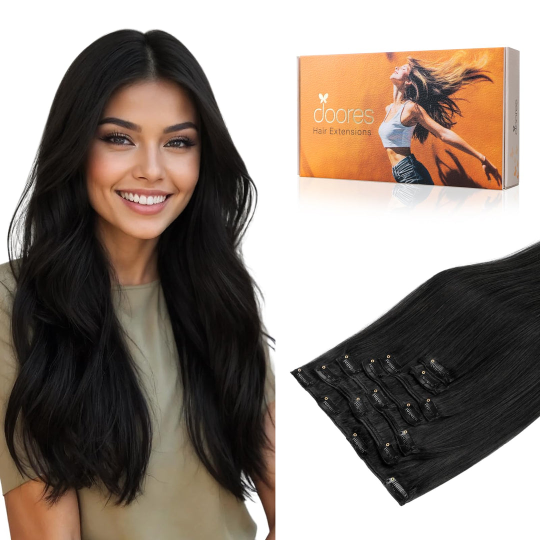 DOORES Clip in Extensions Echthaar, Tief Schwarz 30cm 12 Zoll 7 Stück 80g Echthaar Extensions Clip G