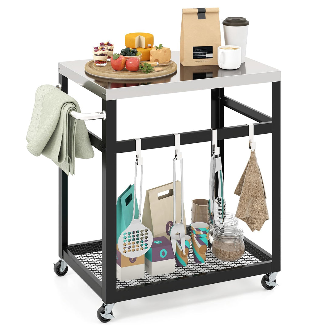 GOPLUS Grillwagen, BBQ Beistellwagen mit Edelstahl-Tischplatte, 2 Ebenen & Haken, Grilltisch mit Rol