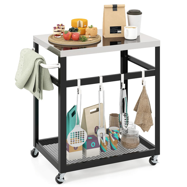 GOPLUS Grillwagen, BBQ Beistellwagen mit Edelstahl-Tischplatte, 2 Ebenen & Haken, Grilltisch mit Rol