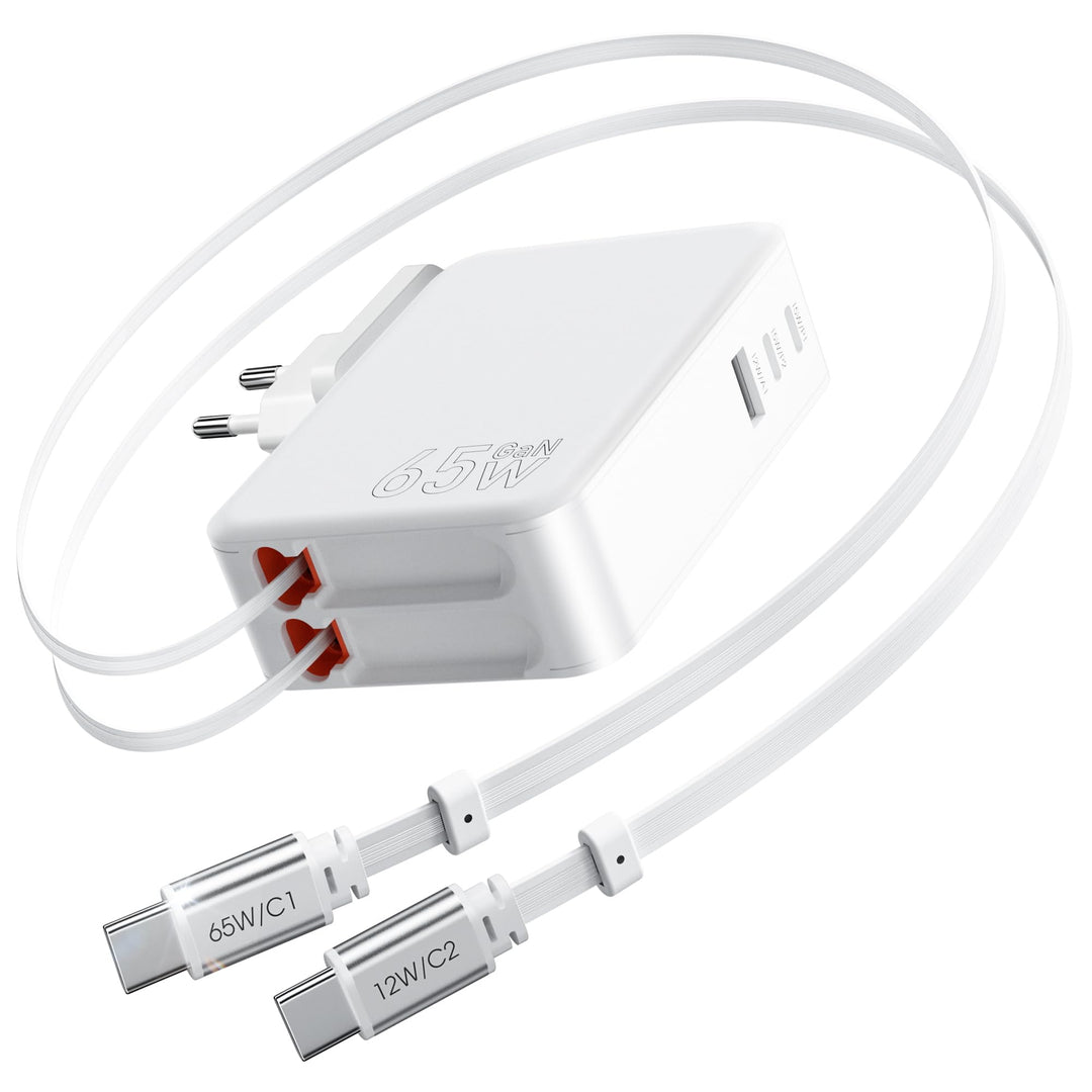 SPGUARD 5-in-1 Einziehbares Ladegerät 65W mit 2 Ausziehbares Kabel 120CM | USB C GaN Wandladegerät m