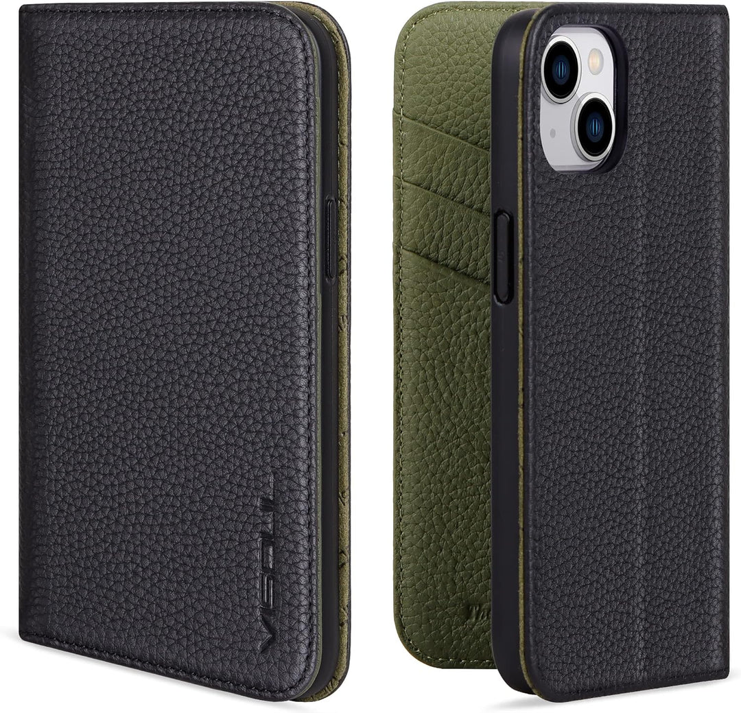 VISOUL iPhone 14 Hülle, Handyhülle iPhone 14[100% Echtleder] [3 Kartenfächer] [Verdichtes TPU] [Magn