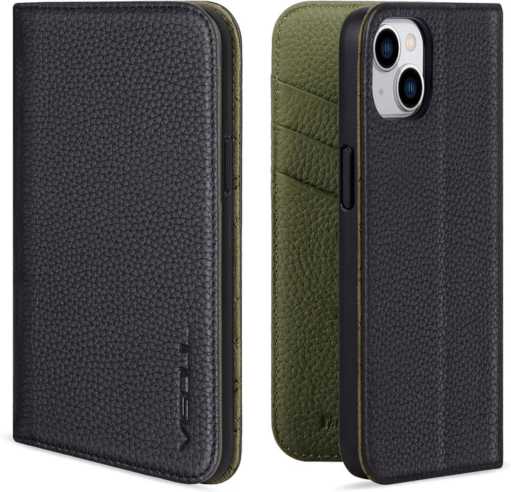 VISOUL iPhone 14 Hülle, Handyhülle iPhone 14[100% Echtleder] [3 Kartenfächer] [Verdichtes TPU] [Magn