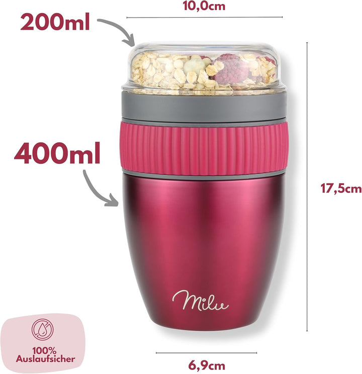 Milu Müslibecher to go 400ml MüsliMax I isolierter Edelstahl Joghurtbecher für Müsli I auslaufsicher