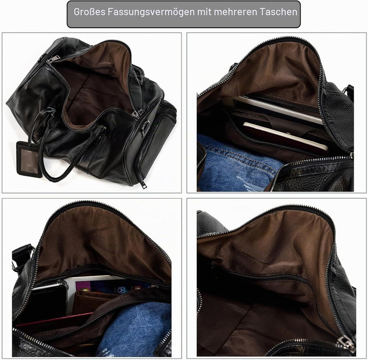 Luufan Unisex Leder Reisetasche Vintage Reisetasche Schwarz, Schwarz