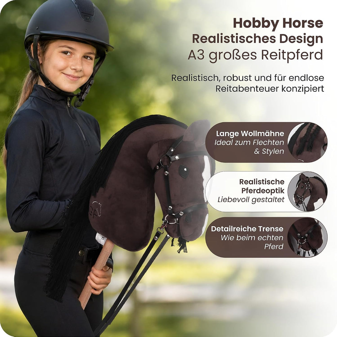 GaloppFreude® Hobby Horse Pferde Braunschecke – Grosses A3 Steckenpferd mit Schraubstab & Trense – H