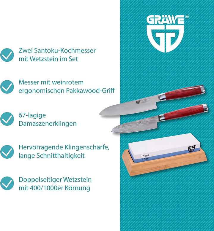 GRÄWE Santokumesser Messerset - 2er Pack, Damastmesser mit Holzgriff, 12 cm & 17 cm Klinge im Set in