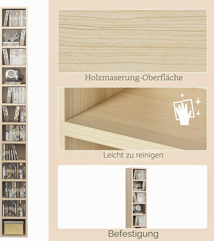 HOMCOM 204 CD-Regal schmal 12 Ebenen 175 cm, Eichenfarbe | Hohes Aufbewahrungsregal, Aufbewahrungstu
