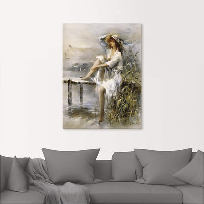 ARTland Leinwandbilder Wandbild Bild auf Leinwand 45x60 cm Wanddeko Frau Natur See Landschaft Steg G