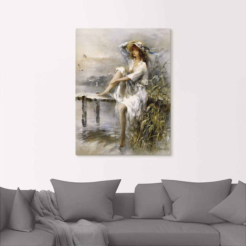 ARTland Leinwandbilder Wandbild Bild auf Leinwand 30x40 cm Wanddeko Frau Natur See Landschaft Steg G