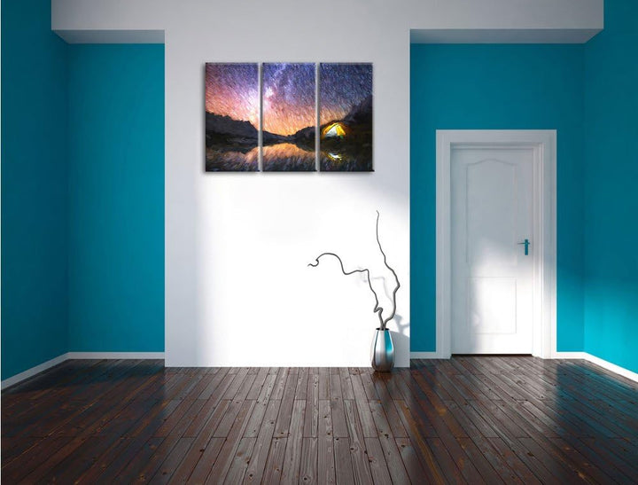 Pixxprint Zelten unter tausenden Sternen / 3-Teilig/Gesamtmass 120cm Leinwandbild bespannt auf Holzr