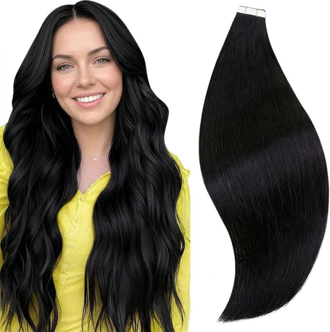 RUNATURE Tape Extensions Echthaar 60cm Schwarz Echthaar Extensions Tape Natürlich Schwarz 20 Stück H
