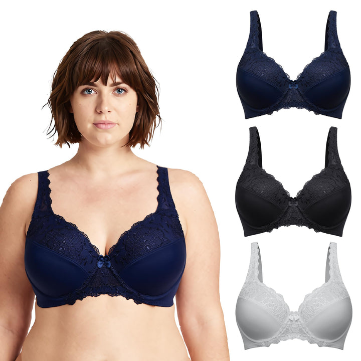 Curve Muse Damen Übergrösse Minimizer Bügel-BH mit Stickspitze - 2er Pack 95E Marine,weiss,schiefer(