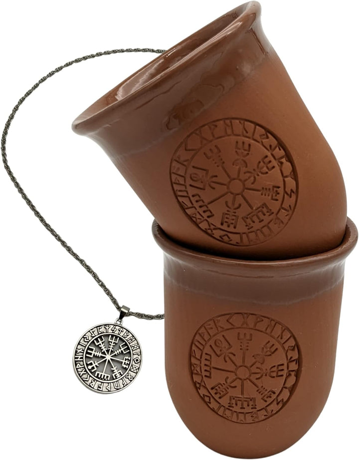 Tonbecher Set Vegvisir - Keramik Becher mit Gravur, Mittelalter Kaffeebecher, 200 milliliters