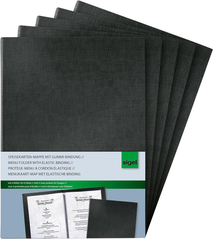 SIGEL SM115/5 Speisekarten-Mappen / Präsentationsmappen mit Gummi-Bindung für A5, 5-er Pack, schwarz