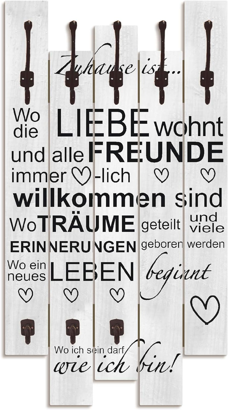 ARTLAND Wandgarderobe Holz mit 8 Haken 63x114 cm Design Garderobe Paneel mit Motiv Spruch Liebe Fami