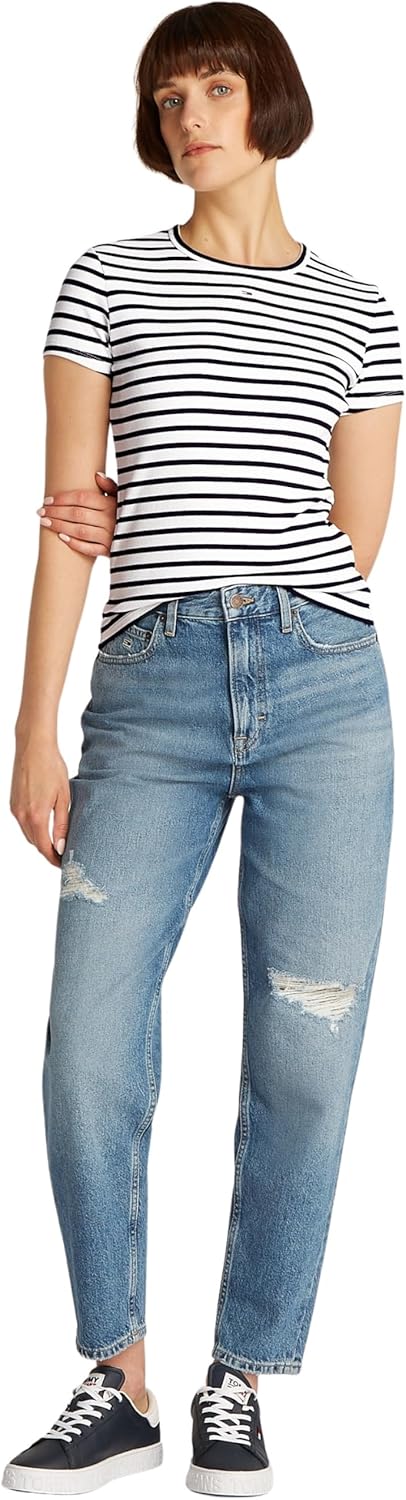 Tommy Jeans Damen T-Shirt Kurzarm Essential Rib Slim Fit XXS Blue (Dark Night Navy / Stripe), XXS Bl