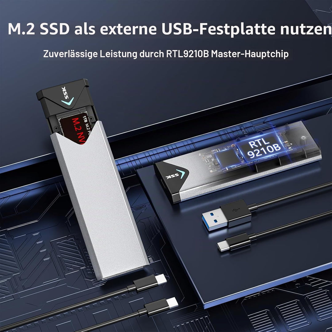 SSK Aluminium M.2 NVME SATA SSD Gehäuseadapter, USB 3.2 Gen 2 (10 Gbit/s) auf PCI-E NGFF M-Key/(B+M)