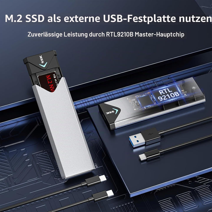 SSK Aluminium M.2 NVME SATA SSD Gehäuseadapter, USB 3.2 Gen 2 (10 Gbit/s) auf PCI-E NGFF M-Key/(B+M)