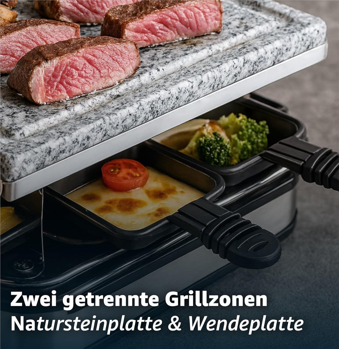 Raclette 8 Personen Set - Mit Tischgrill & Grillplatte & Steinplatte Funktion - inkl. Pfännchen & Sc