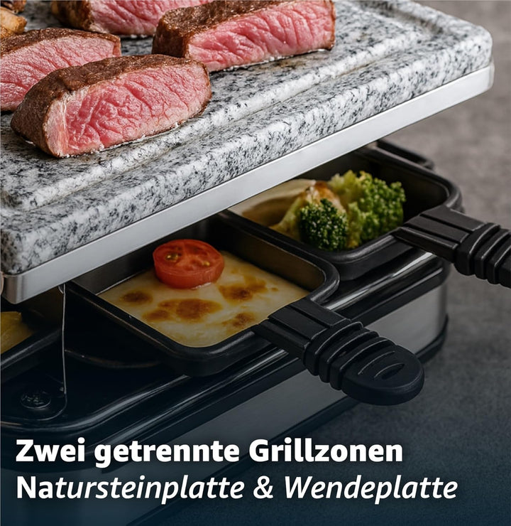Raclette 8 Personen Set - Mit Tischgrill & Grillplatte & Steinplatte Funktion - inkl. Pfännchen & Sc