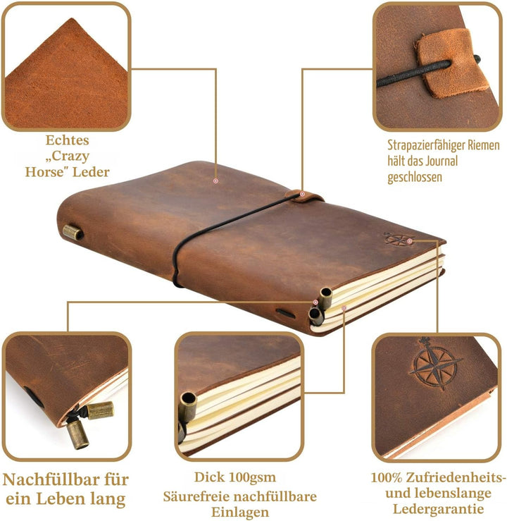 WANDERINGS Reisetagebuch A6 nachfüllbares Leder-Reisetagebuch, handgefertigtes echtes Leder - Klein