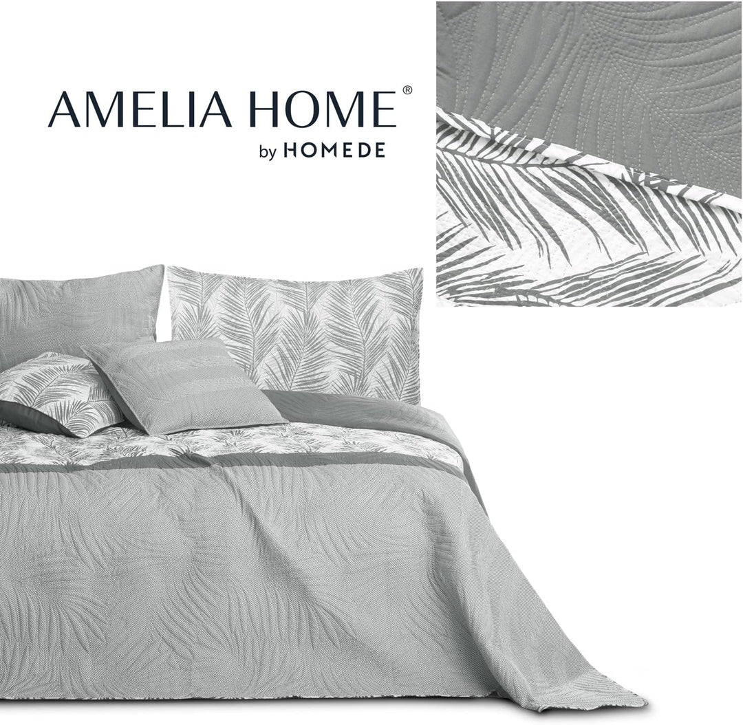AmeliaHome Tagesdecke Bettüberwurf 170x210 cm zweiseitig pflegeleicht Steppung Pflanzenmuster Grau W