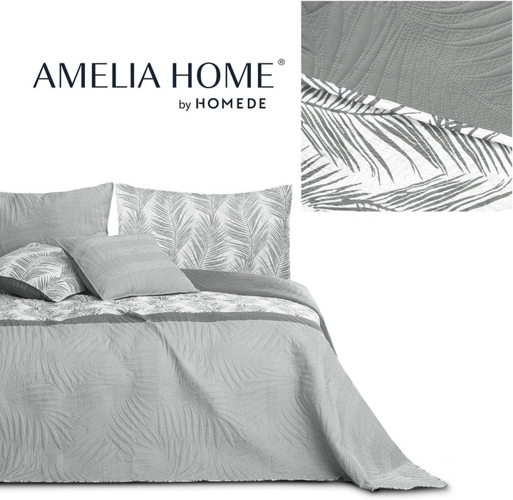 AmeliaHome Tagesdecke Bettüberwurf 170x210 cm zweiseitig pflegeleicht Steppung Pflanzenmuster Grau W