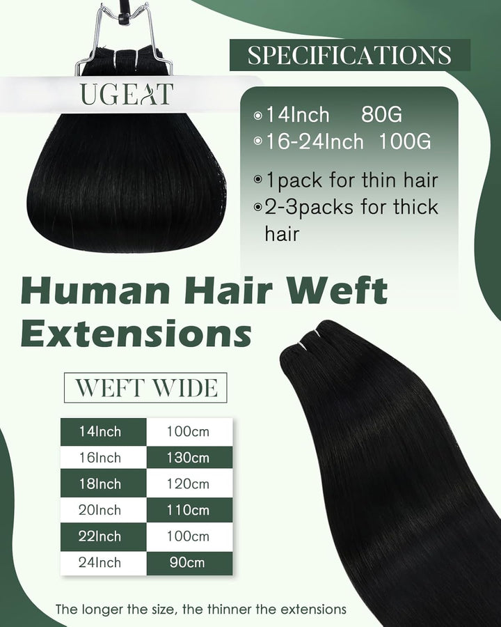 Ugeat Tressen Echthaar Extensions 35cm Schwarz Unsichtbar Echthaar Tressen zum Einnähen Schwarz #1 E