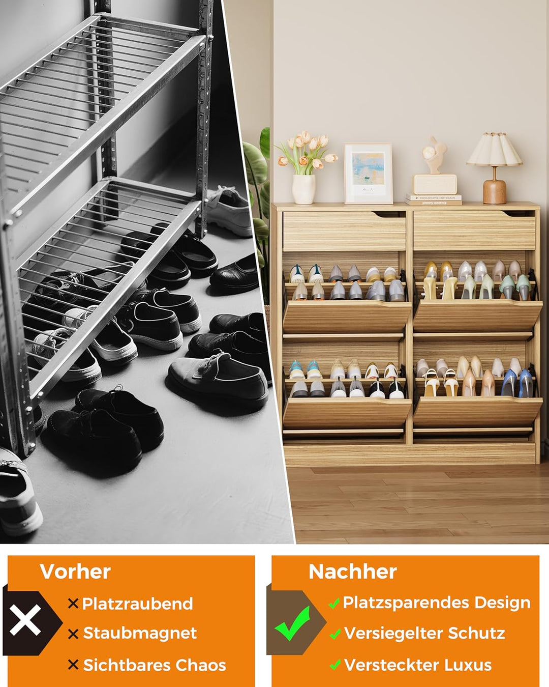 IRONCK Schuhschrank mit 4 Klappen, Schuhkipper Schmal mit 2 Schubladen, freistehendes Schuhregal, Sc