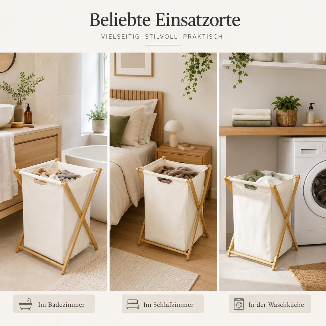 Zedelmaier 3er Faltbare Bambus-Wäschekörbe mit 66 Liter pro Stück | Einzelfach-Design,Badezimmer, Sc