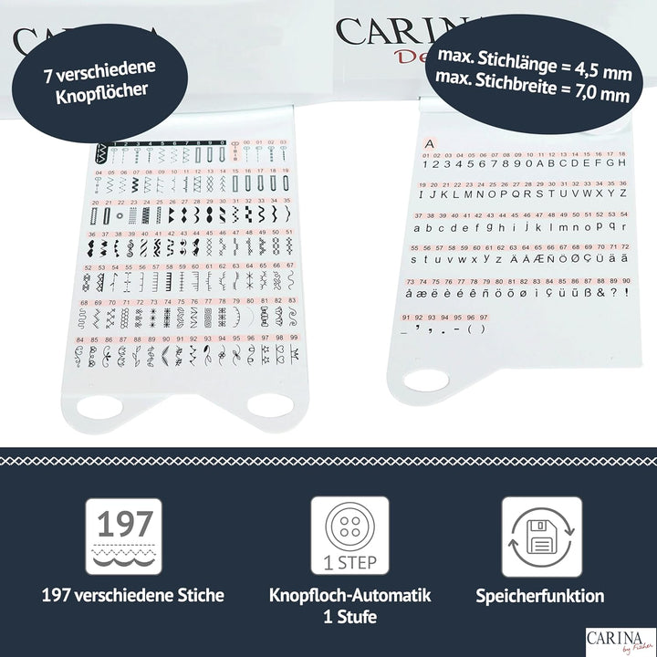 CARINA Nähmaschine De Luxe I 197 Stichprogramme I Einfädelhilfe I 7 Knopflöcher I Nähen ohne Fussanl