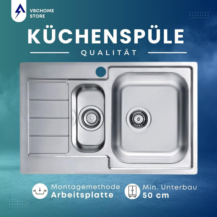 VBChome: Einbauspüle mit Hahnloch Links 790x500 mm Camping Küchenspüle - Satinstruktur Alveus Line 7