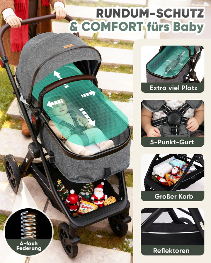 Sekey Kombi Kinderwagen Baby 3 in 1 Komplettset mit Regenschutz und Moskitonetz, Kinderwagen mit Lie