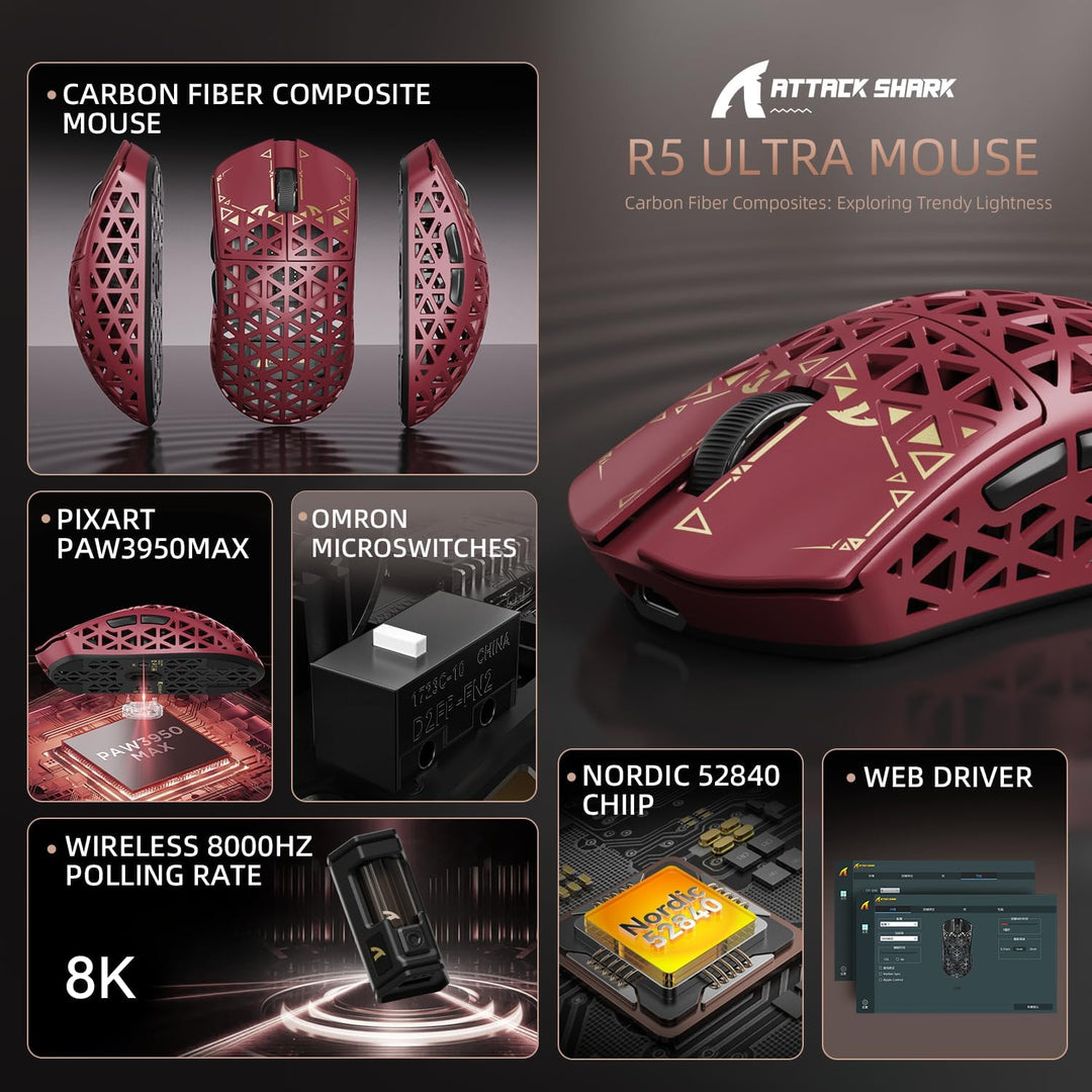 ATTACK SHARK R5 Ultra Carbonfaser Gaming-Maus, 39g Superlight, 8000Hz Kabellose Mouse, 42000 DPI, PA